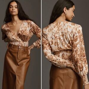 Tiny Anthropologie Floral Satin Smocked Women's Blouse Classy Premium Luxury